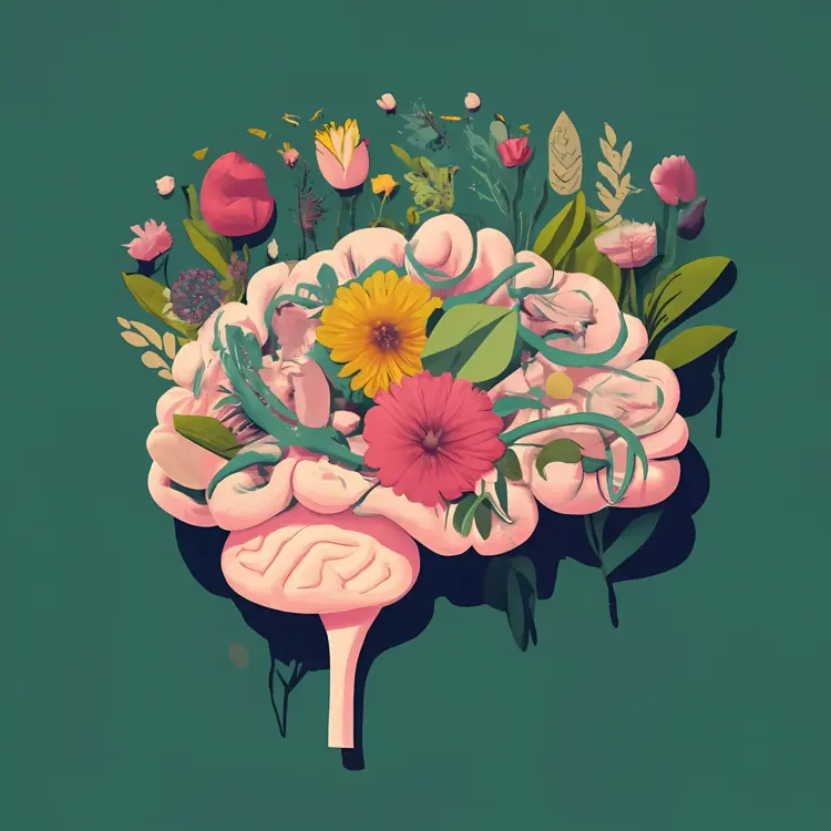 Brain with Flowers on Green Background