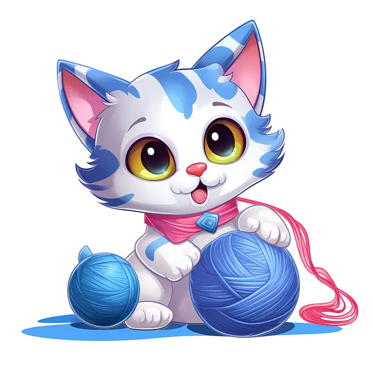 Cute Cartoon Cat with Yarn Ball