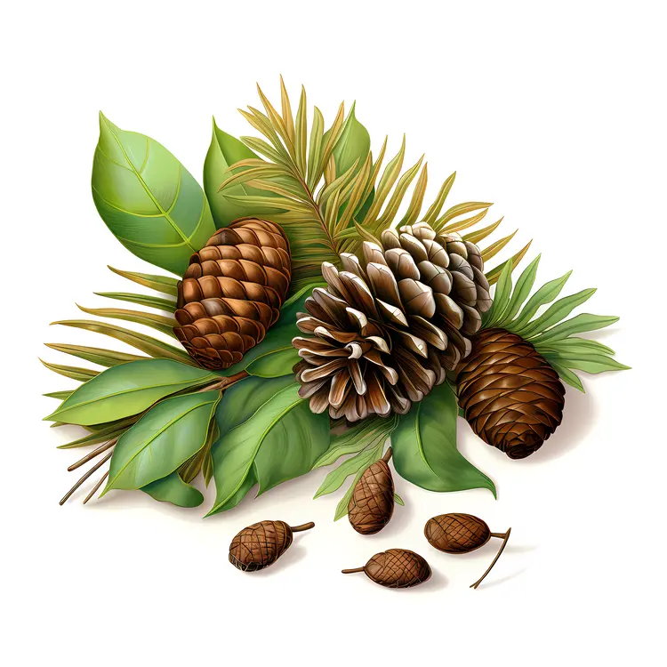Pine Cones with Green Leaves Illustration