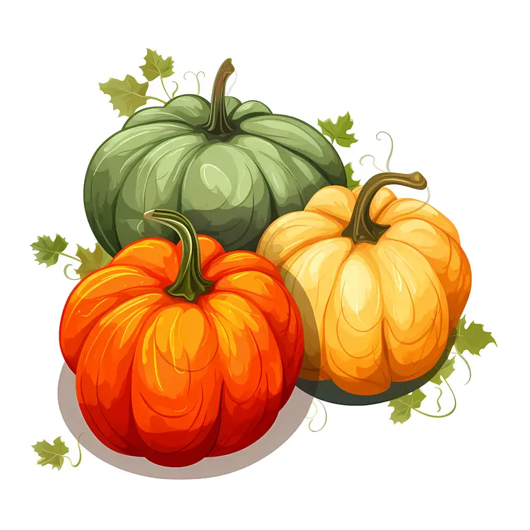 Three Pumpkins with Autumn Leaves