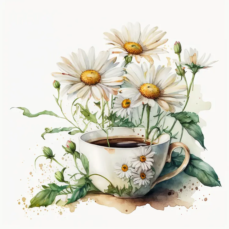 Beautiful Teacup with Daisies in Watercolor Art