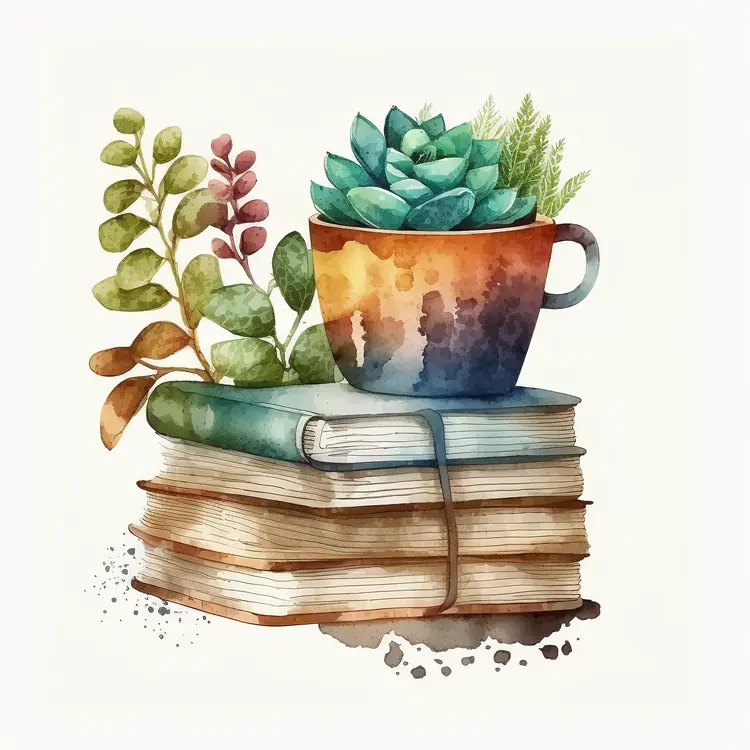 Succulent in a Colorful Cup with Books and Leaves
