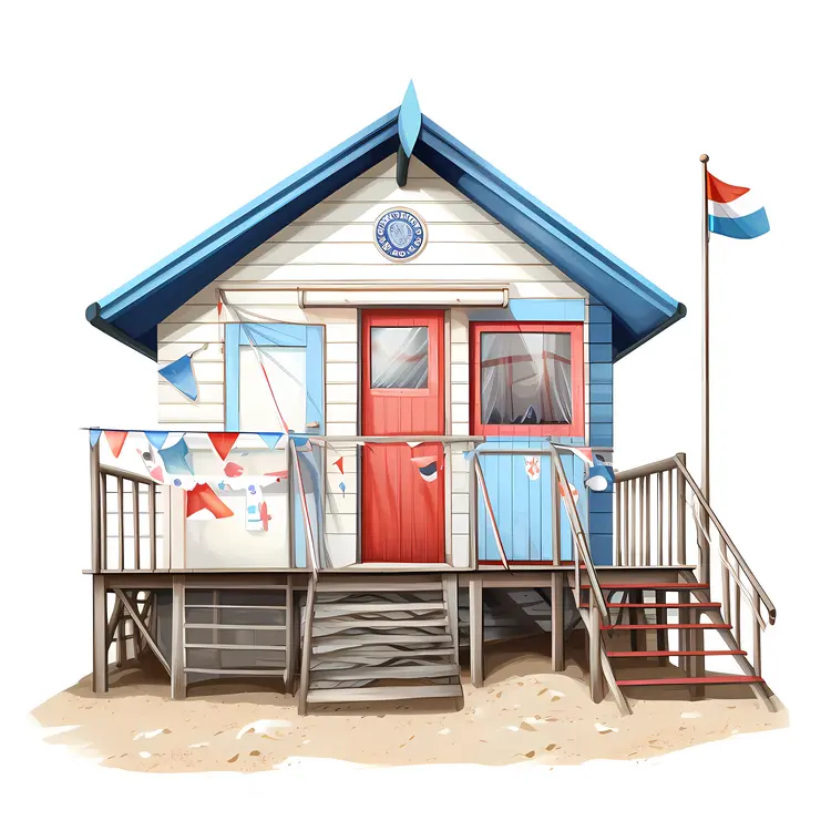Beach House with Red and Blue Doors