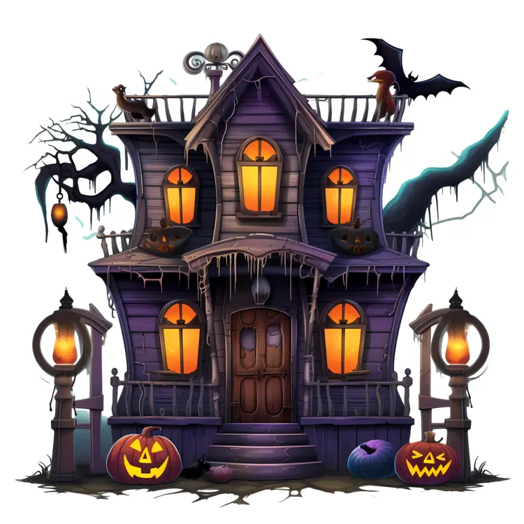 Haunted House with Bats and Lanterns