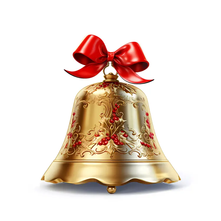 Ornate Golden Bell with Red Bow for Christmas Decoration