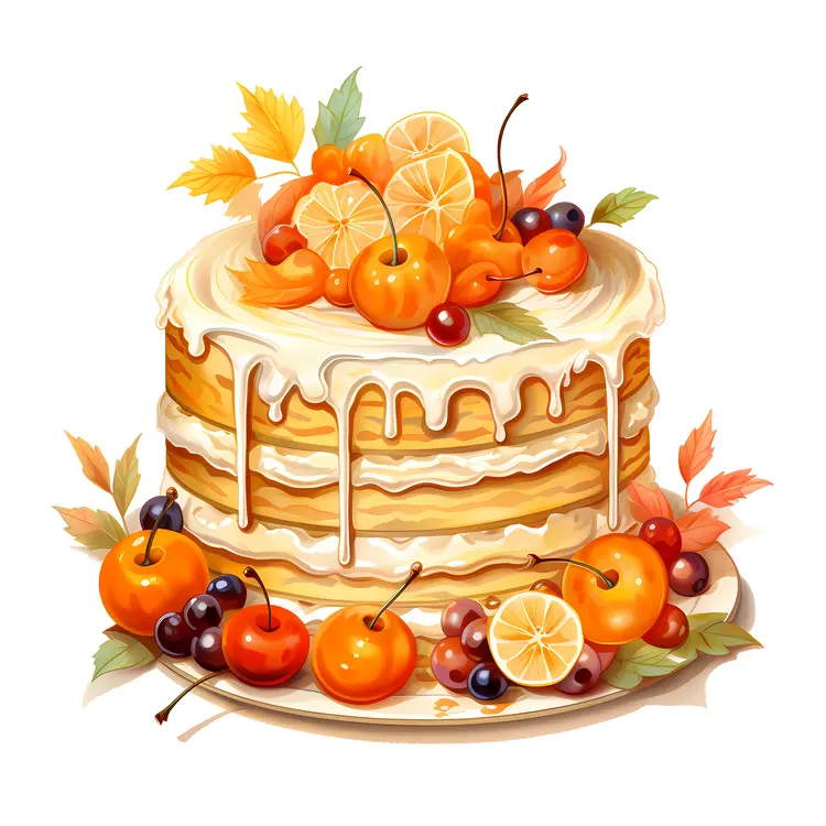 Delicious Layered Fruit Cake with Autumn Decorations