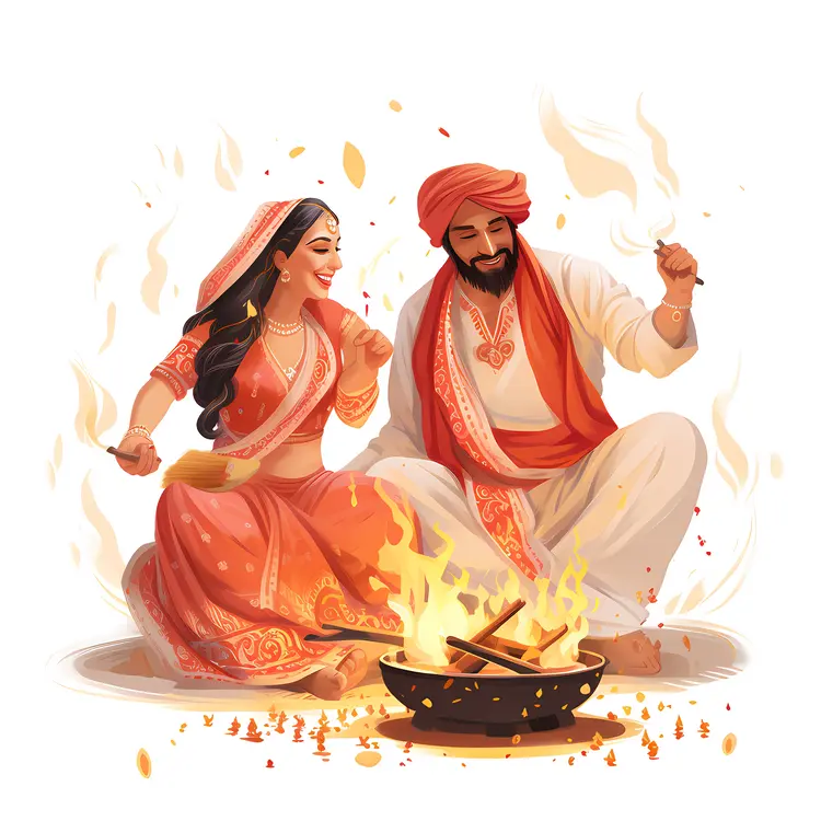 Couple Celebrating Lohri with Fire