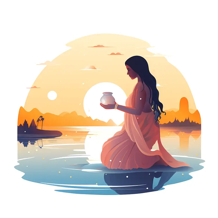 Woman Holding Jar at Sunset by the Water
