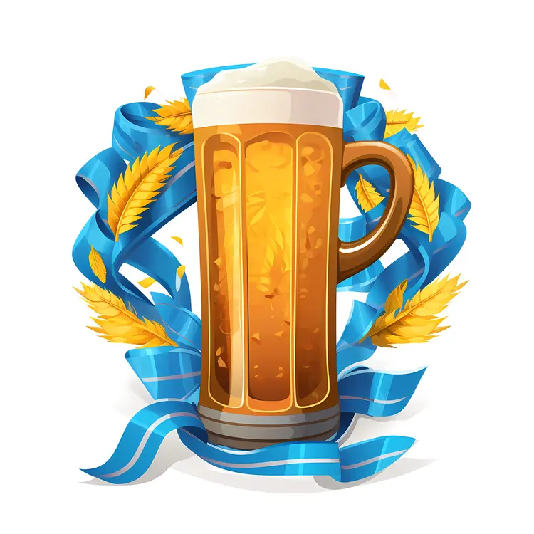 Beer Mug with Blue Ribbon and Wheat for Oktoberfest Celebration
