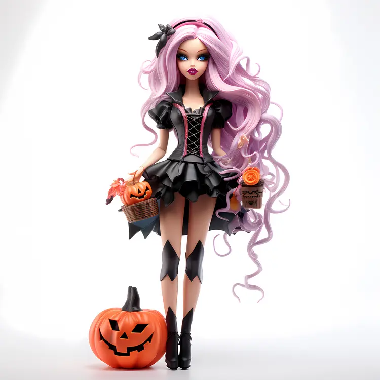 Halloween Doll with Pink Hair and Black Dress