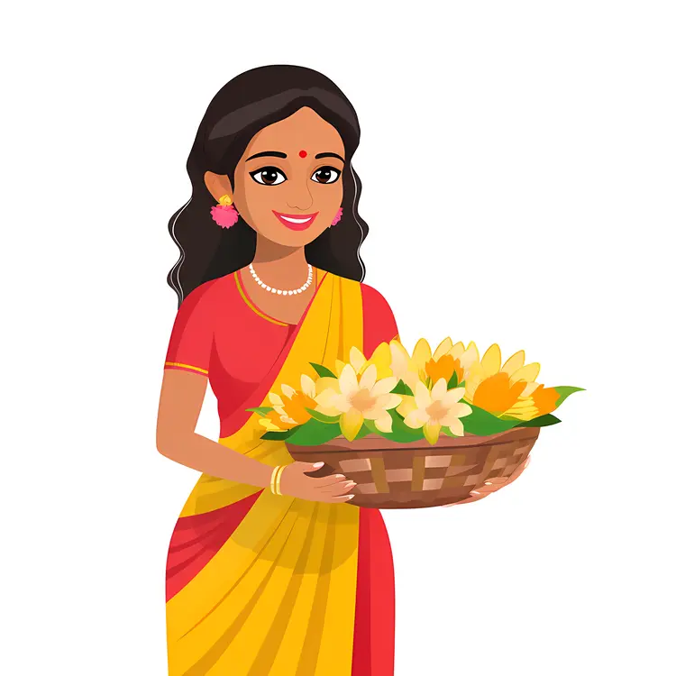 Woman in Traditional Dress Holding a Basket of Flowers