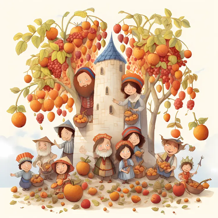 Family Harvesting Fruits Near a Tower
