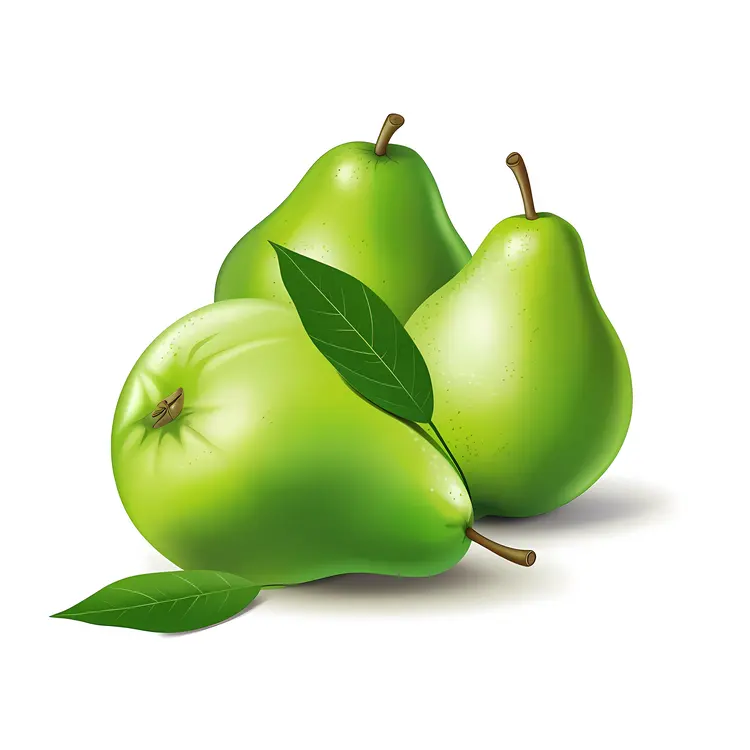 Three Juicy Green Pears with Leaves