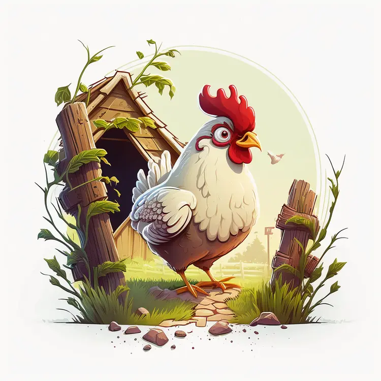 Cartoon Chicken in a Farmyard Scene