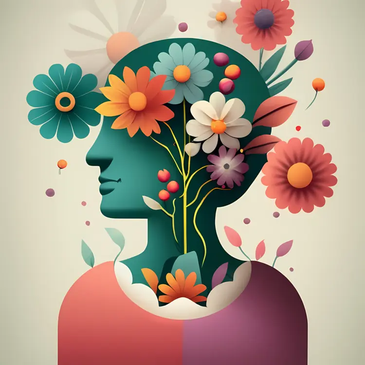 Head Illustration with Flowers and Leaves