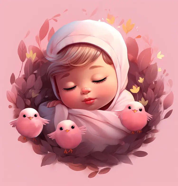 Sleeping Baby with Pink Birds in a Nest