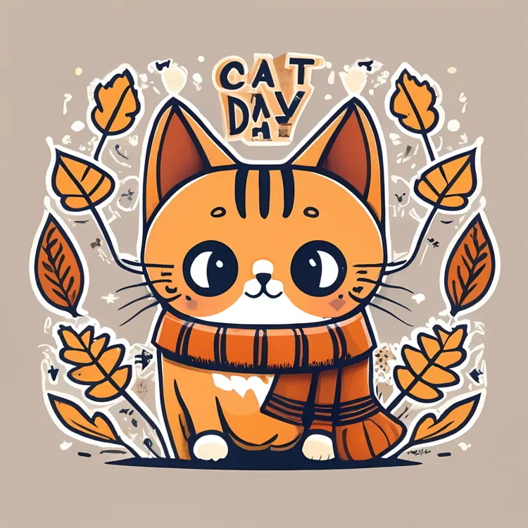 Cute Cat with Scarf and Leaves for Cat Day