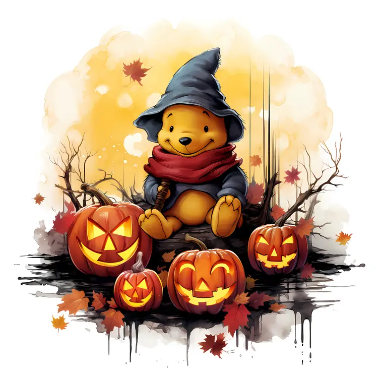 Cute Bear in Witch Costume with Pumpkins
