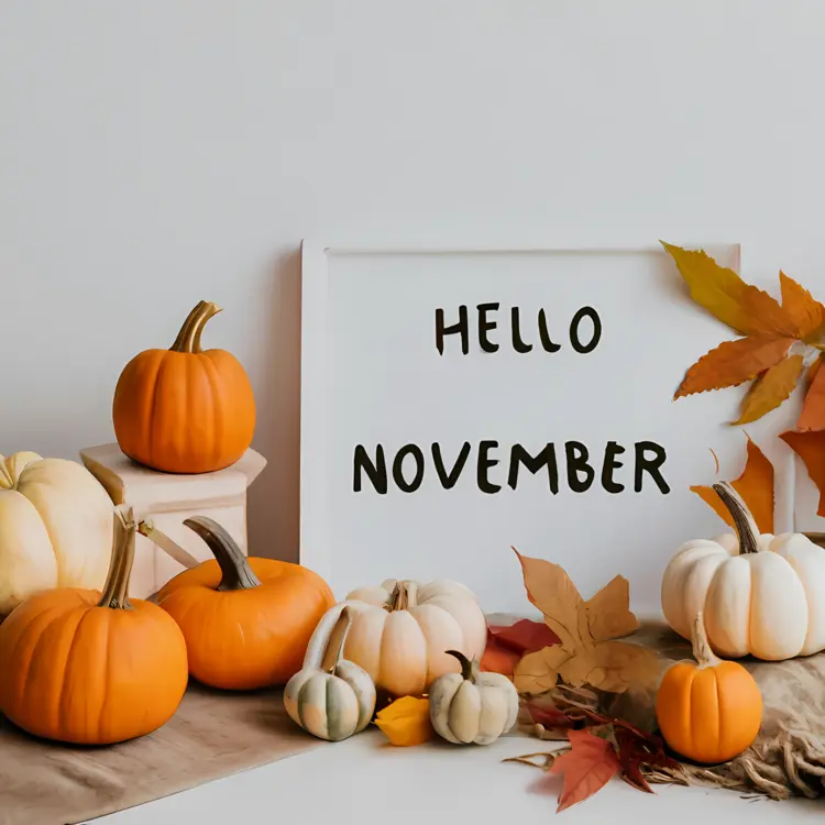 Hello November with Pumpkins and Leaves