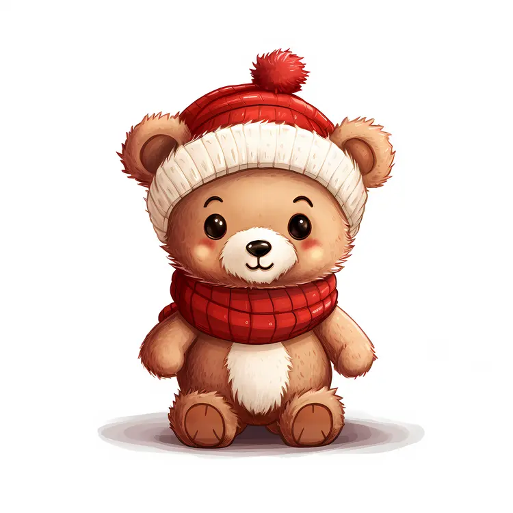 Cute Bear in Red Hat and Scarf