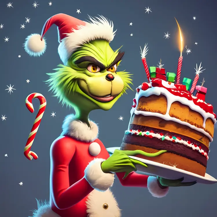 Grinch with Birthday Cake and Candy Cane in Santa Hat