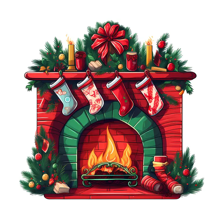 Christmas Fireplace with Stockings and Candles