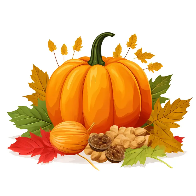 Orange Pumpkin with Autumn Leaves and Nuts