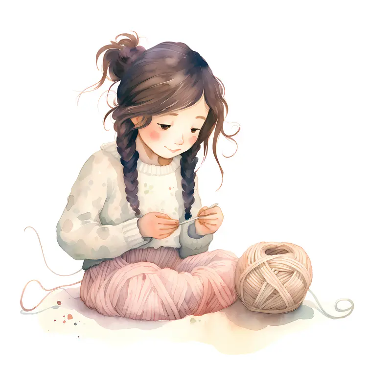 Girl Knitting with Pink Yarn
