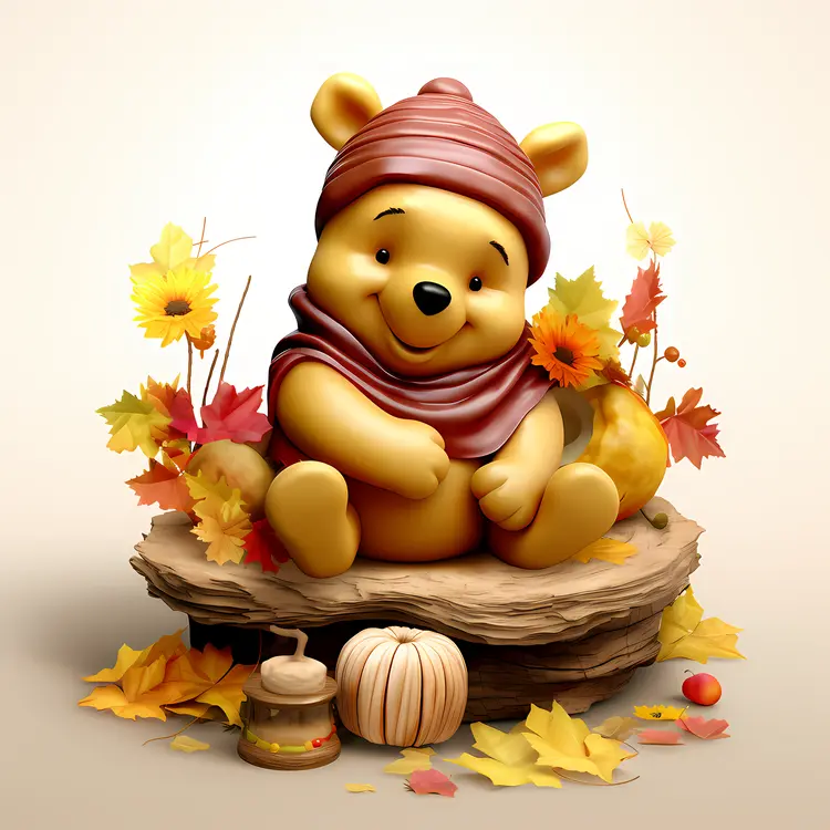 Yellow Bear with Scarf and Autumn Leaves