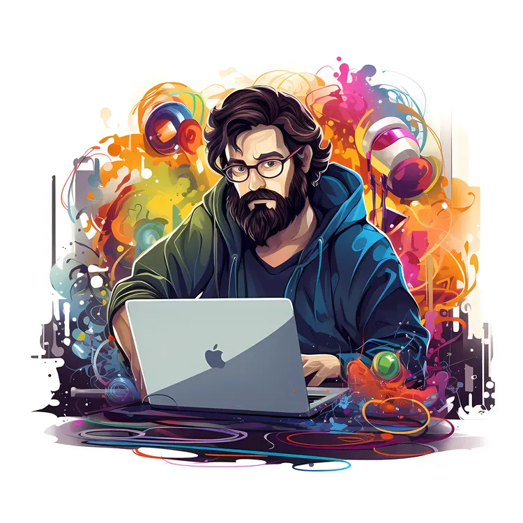 Programmer with Laptop and Colorful Background