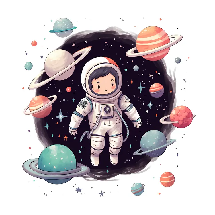 Cute Astronaut in Space with Planets