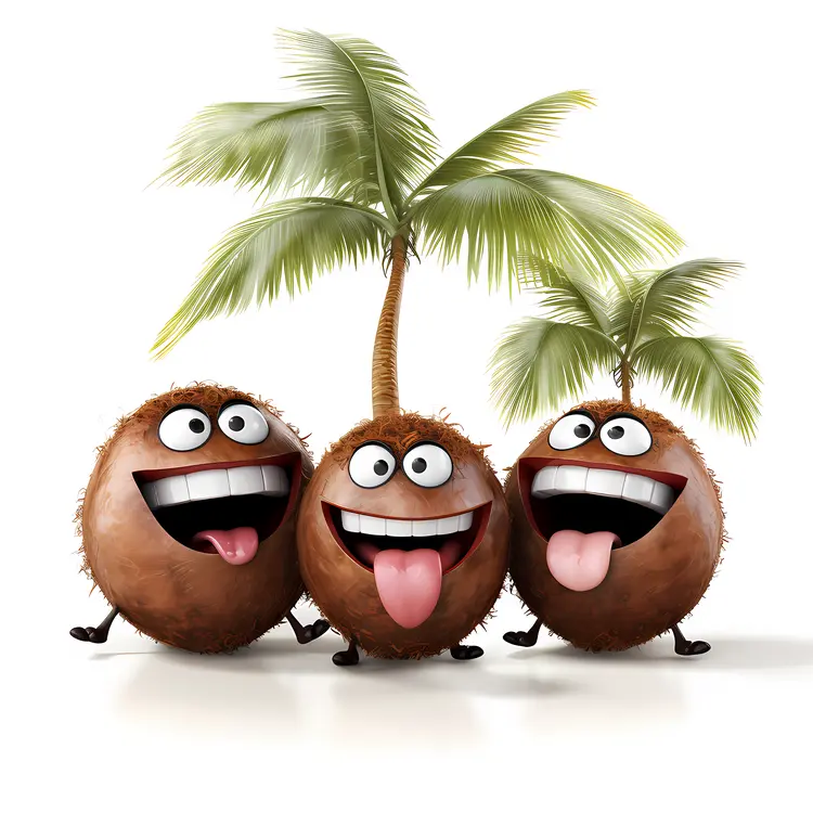 Three Cute Coconut Characters with Palm Trees