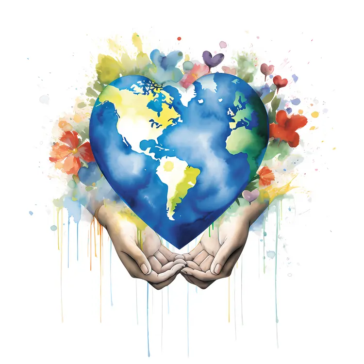 Hands Holding a Heart-Shaped Globe with Flowers