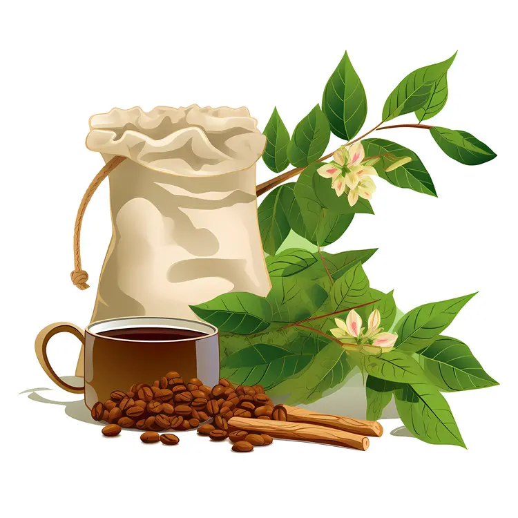 Coffee Beans and Sack with Coffee Plant and Cup