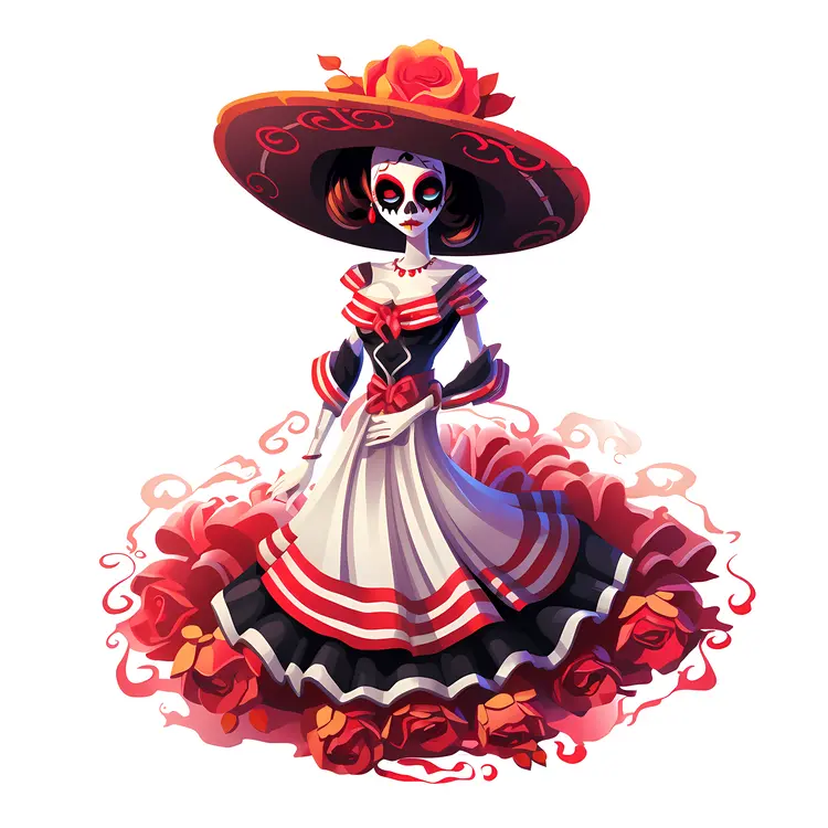 Elegant Skeleton Lady in Red and White Dress