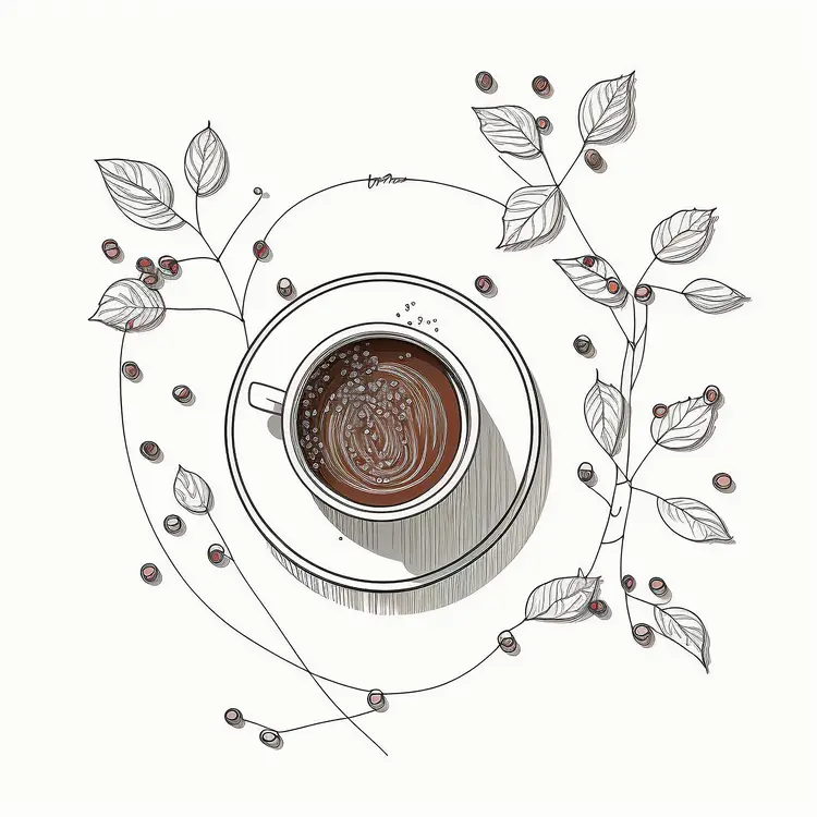 Artistic Coffee Cup with Coffee Beans and Leaves