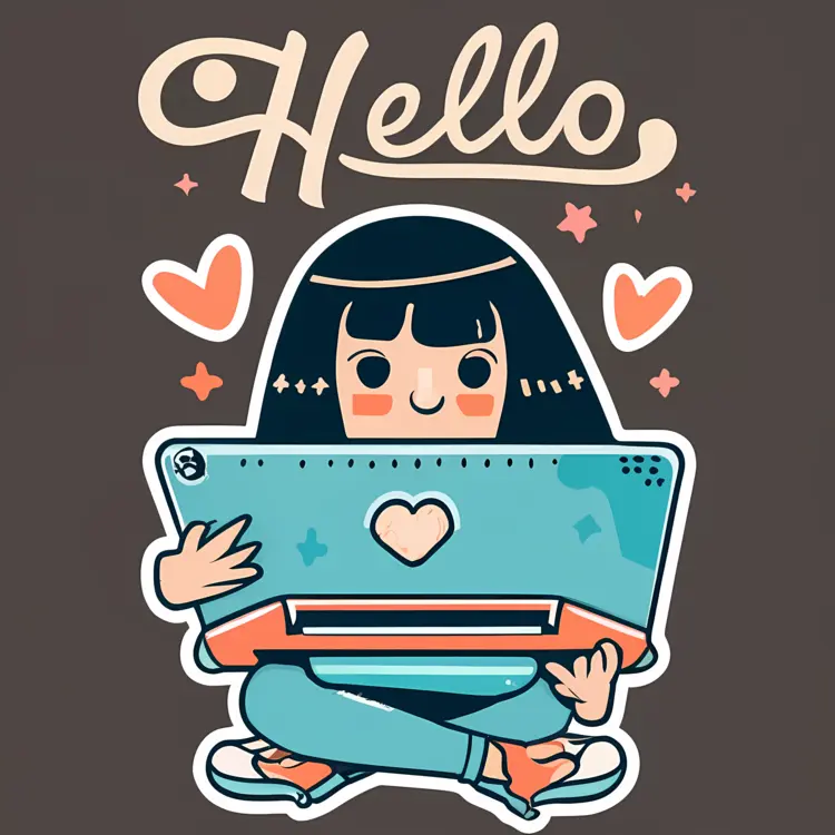 Cute Girl with Laptop and Hearts Saying Hello