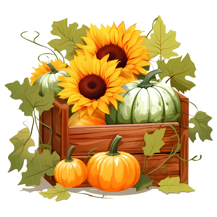 Sunflowers and Pumpkins in Wooden Basket