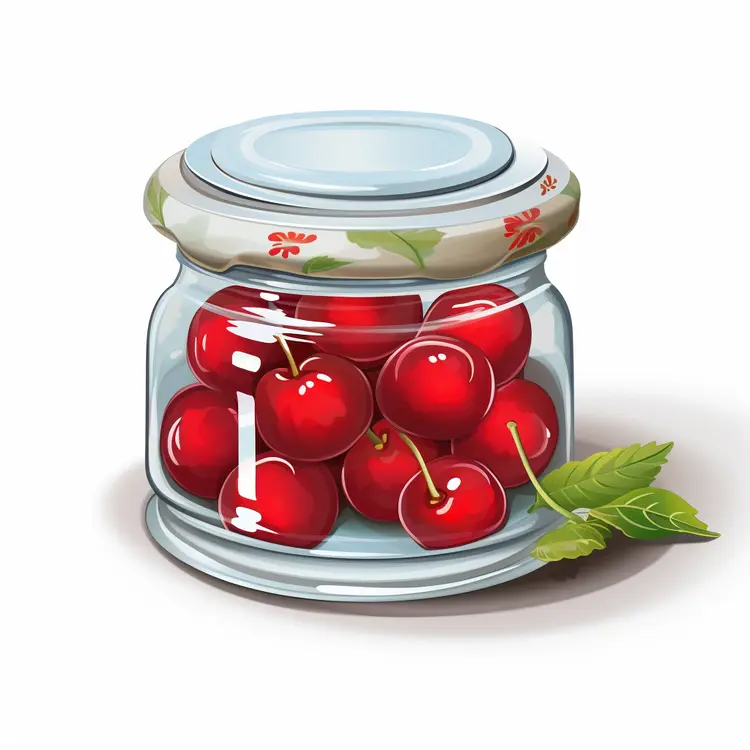 Cute Jar of Red Cherries with Leaves