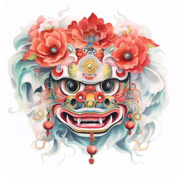 Floral and White Traditional Lion Mask