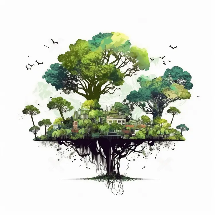 Beautiful Tree with Houses and Nature Elements