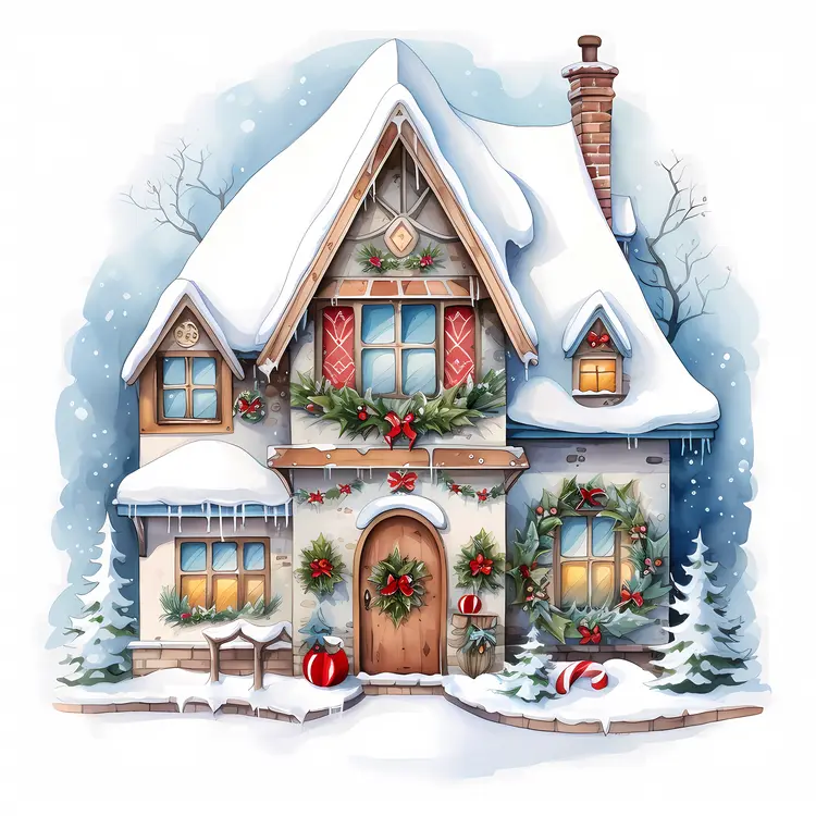 Cozy Snowy House with Christmas Decorations