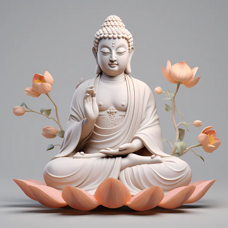 White Buddha Statue with Lotus Flowers