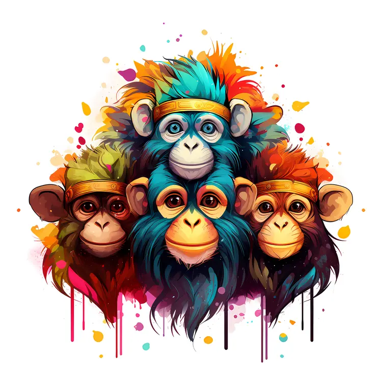 Group of Colorful Monkeys with Headbands