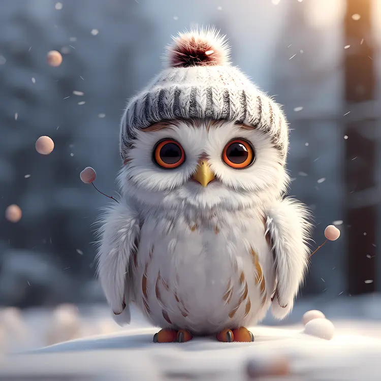 Adorable White Owl in Winter Hat in Snowy Scene