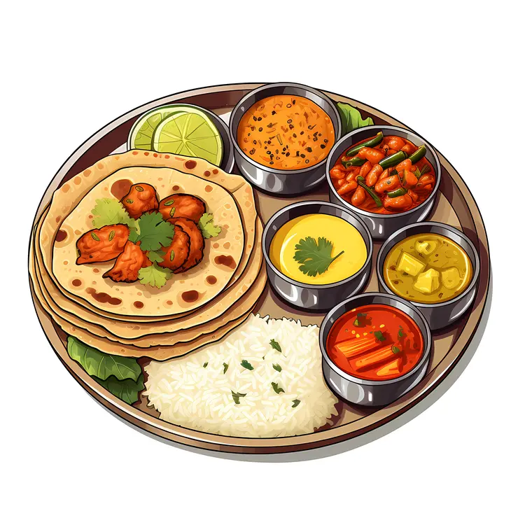 Delicious Indian Thali with Roti and Rice