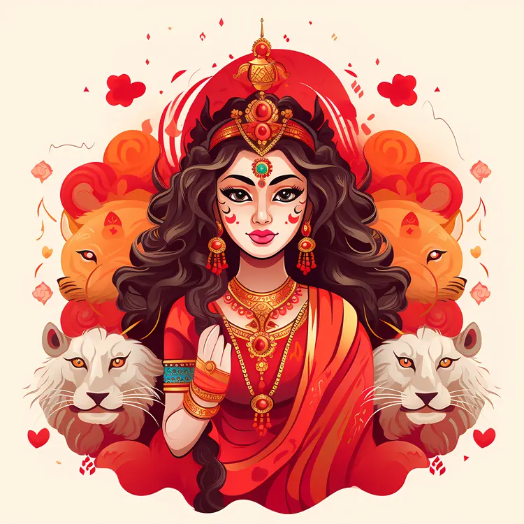 Goddess with Lions in Red Dress