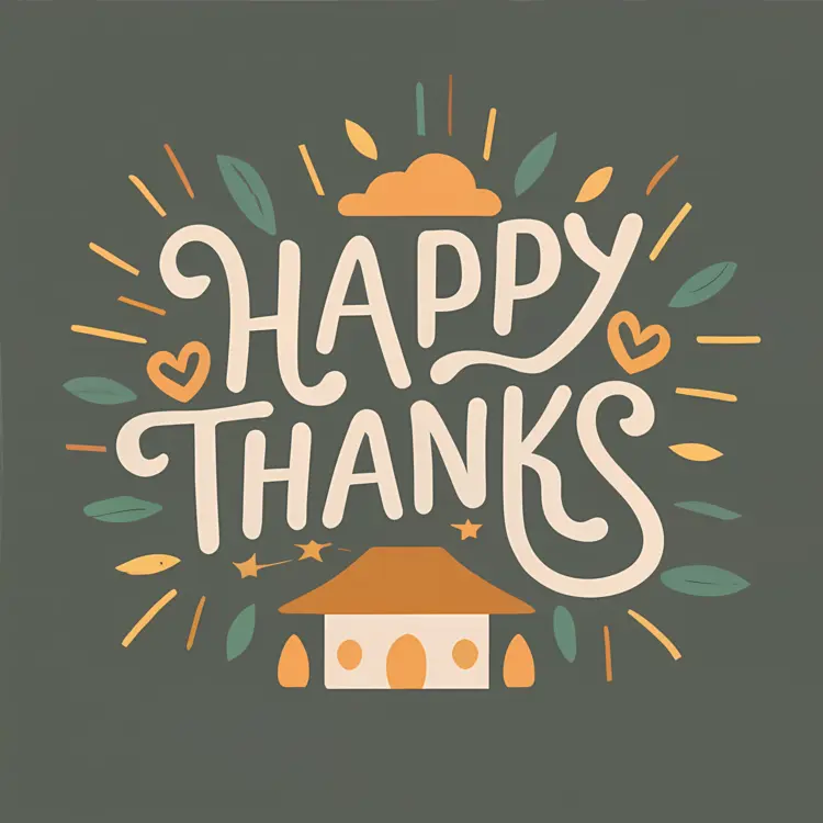 Happy Thanks Typography with House and Leaves
