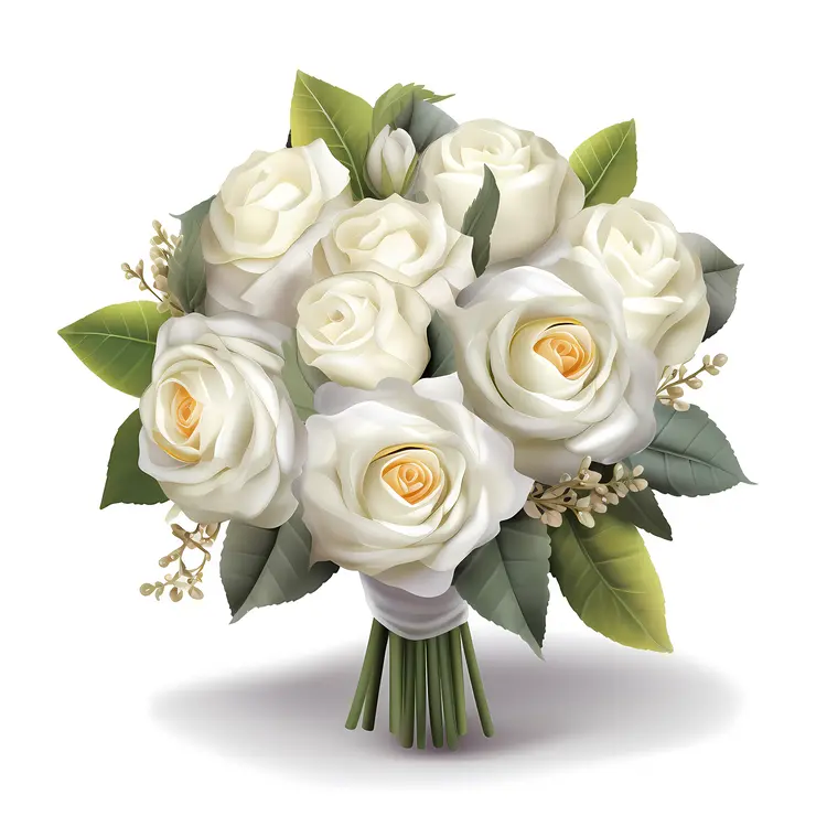 Charming White Rose Bouquet with Green Leaves