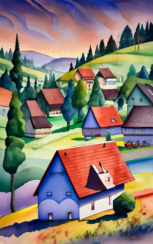 Scenic Village with Hills and Houses
